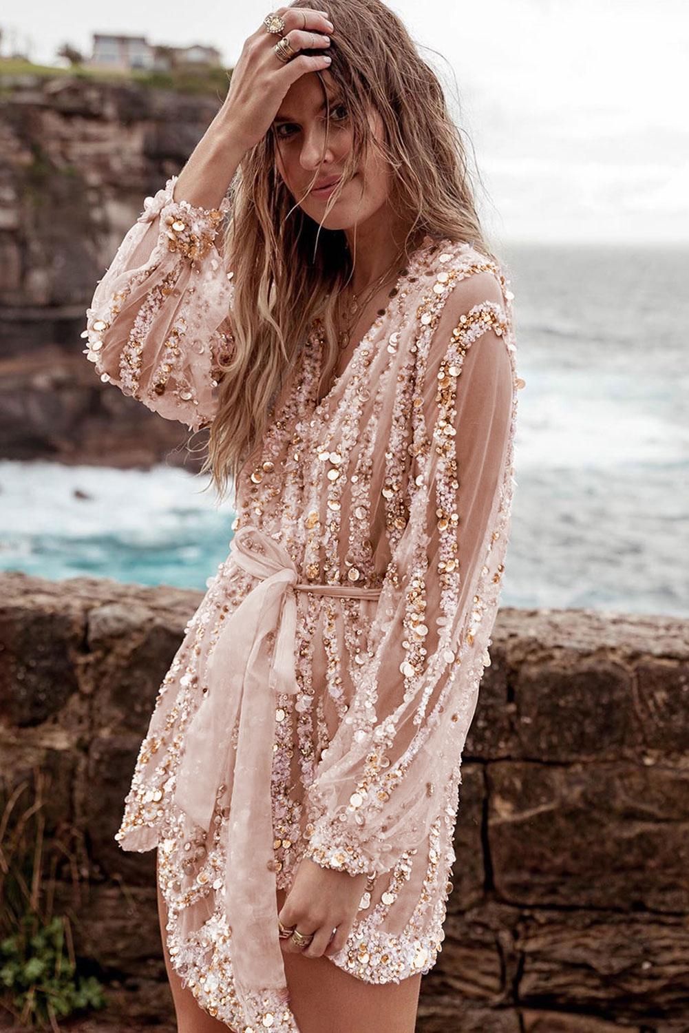 Gold Sequin Surpliced Wrap Deep V Neck Cocktail Mini Dress