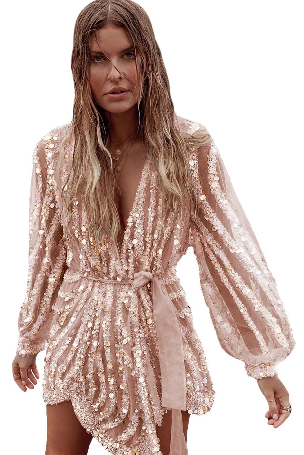 Gold Sequin Surpliced Wrap Deep V Neck Cocktail Mini Dress