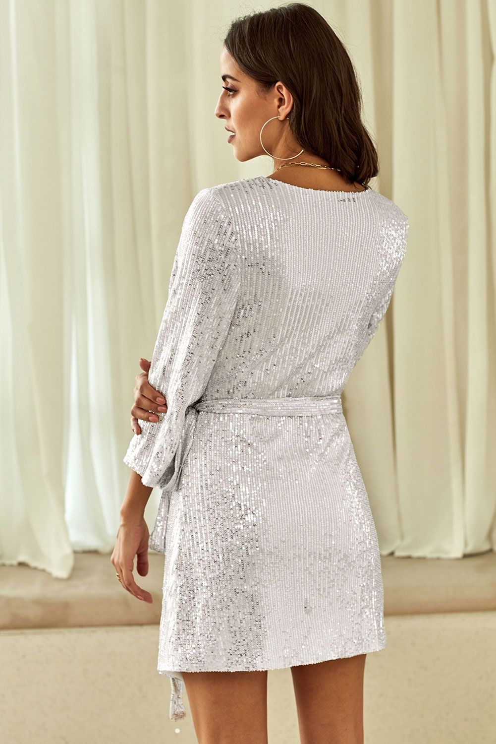 Silver Sequin Wrap Dress with Sash