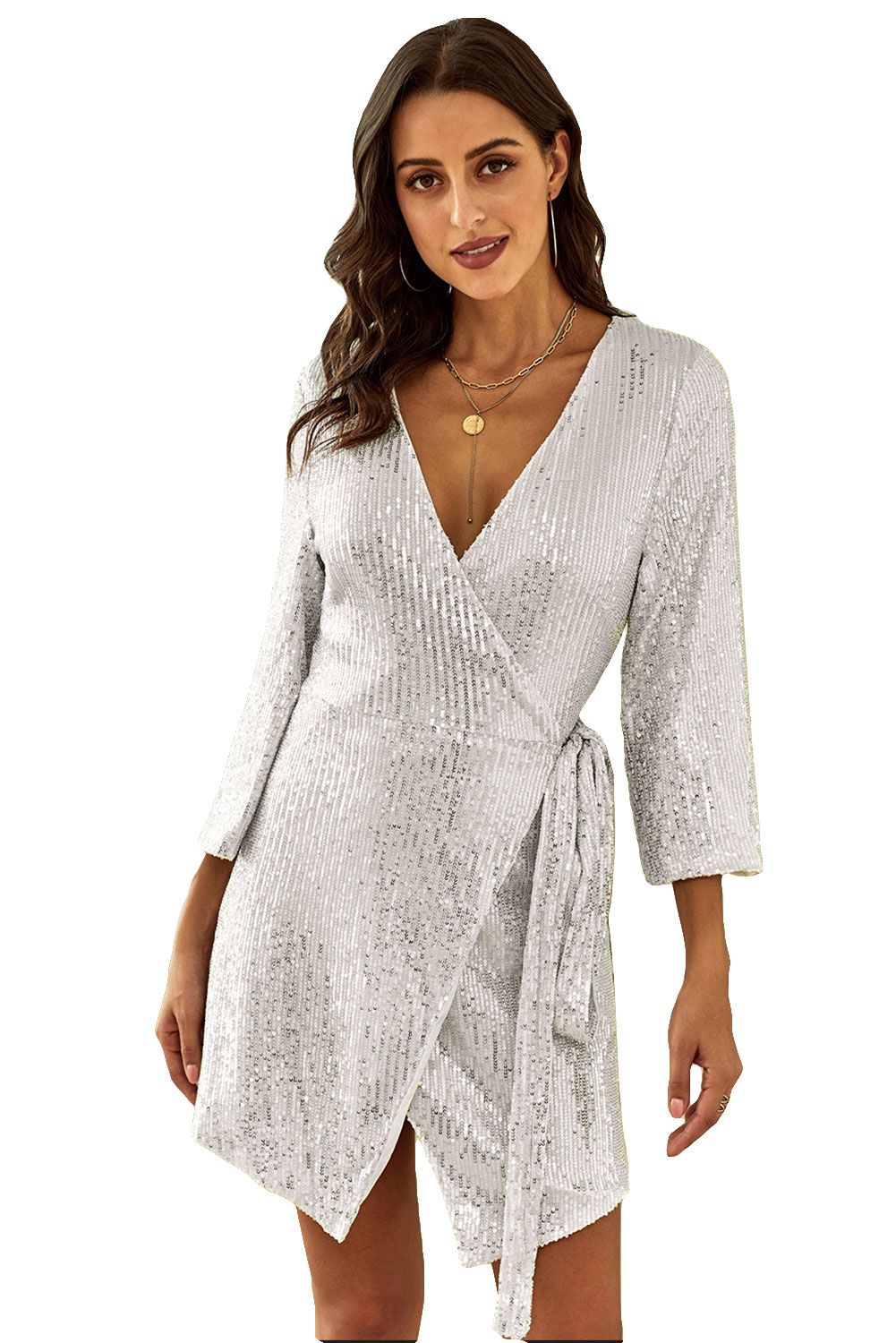 Silver Sequin Wrap Dress with Sash