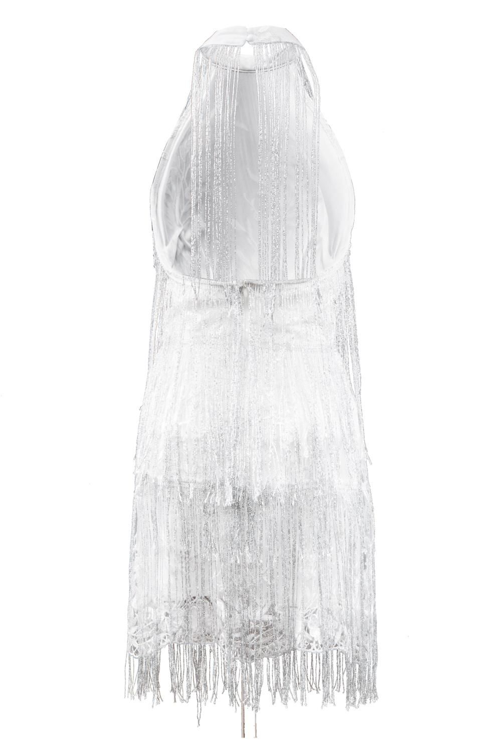Fringed Halter Open Back Sequin Mini Dress