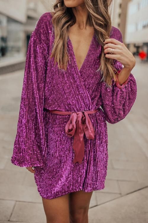 Red Sparkling Sequin Dotted Wrap Mini Dress