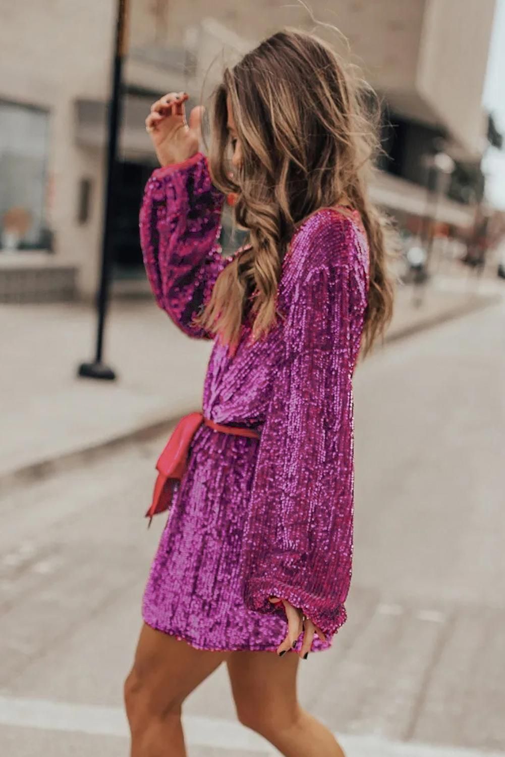 Red Sparkling Sequin Dotted Wrap Mini Dress