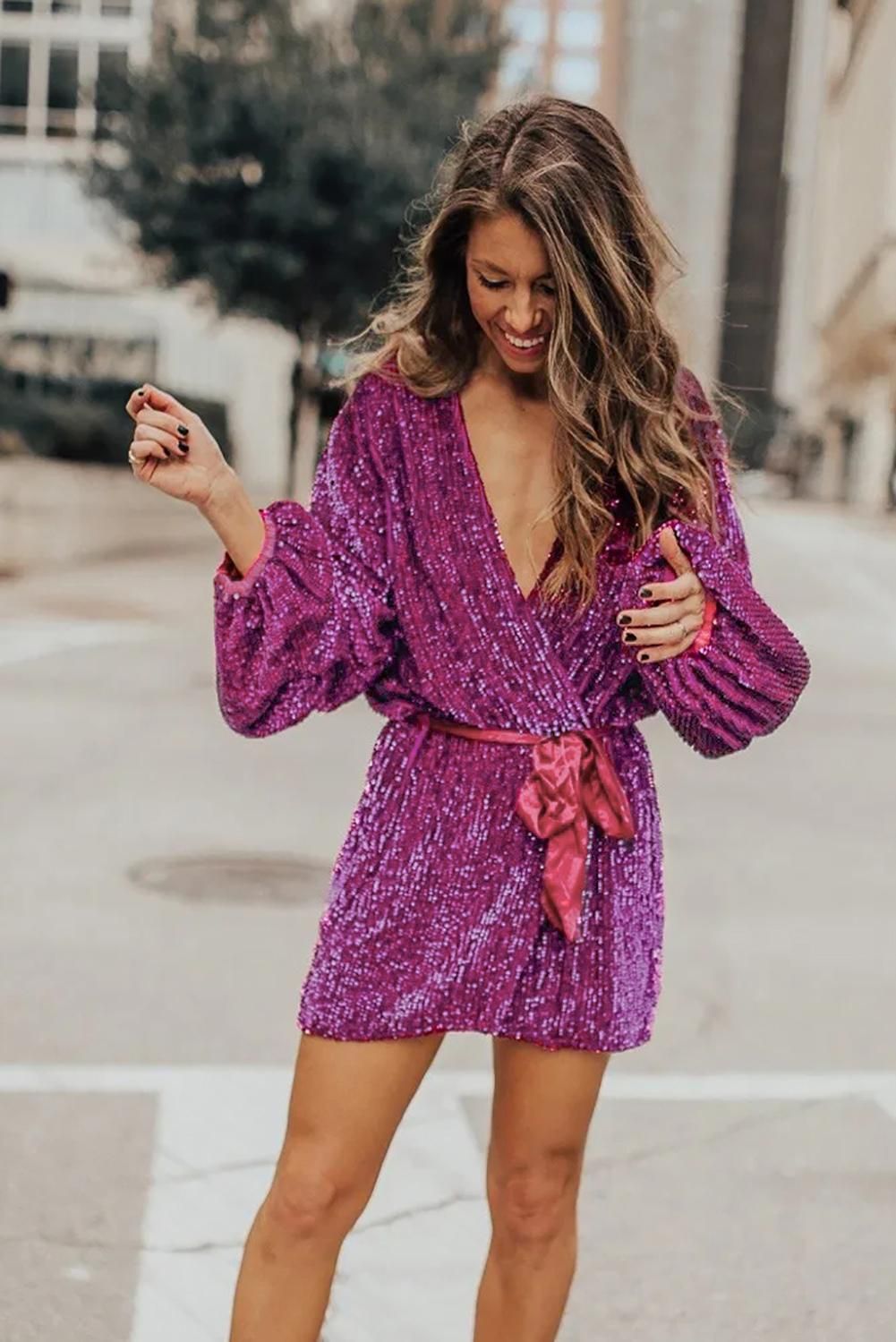 Red Sparkling Sequin Dotted Wrap Mini Dress