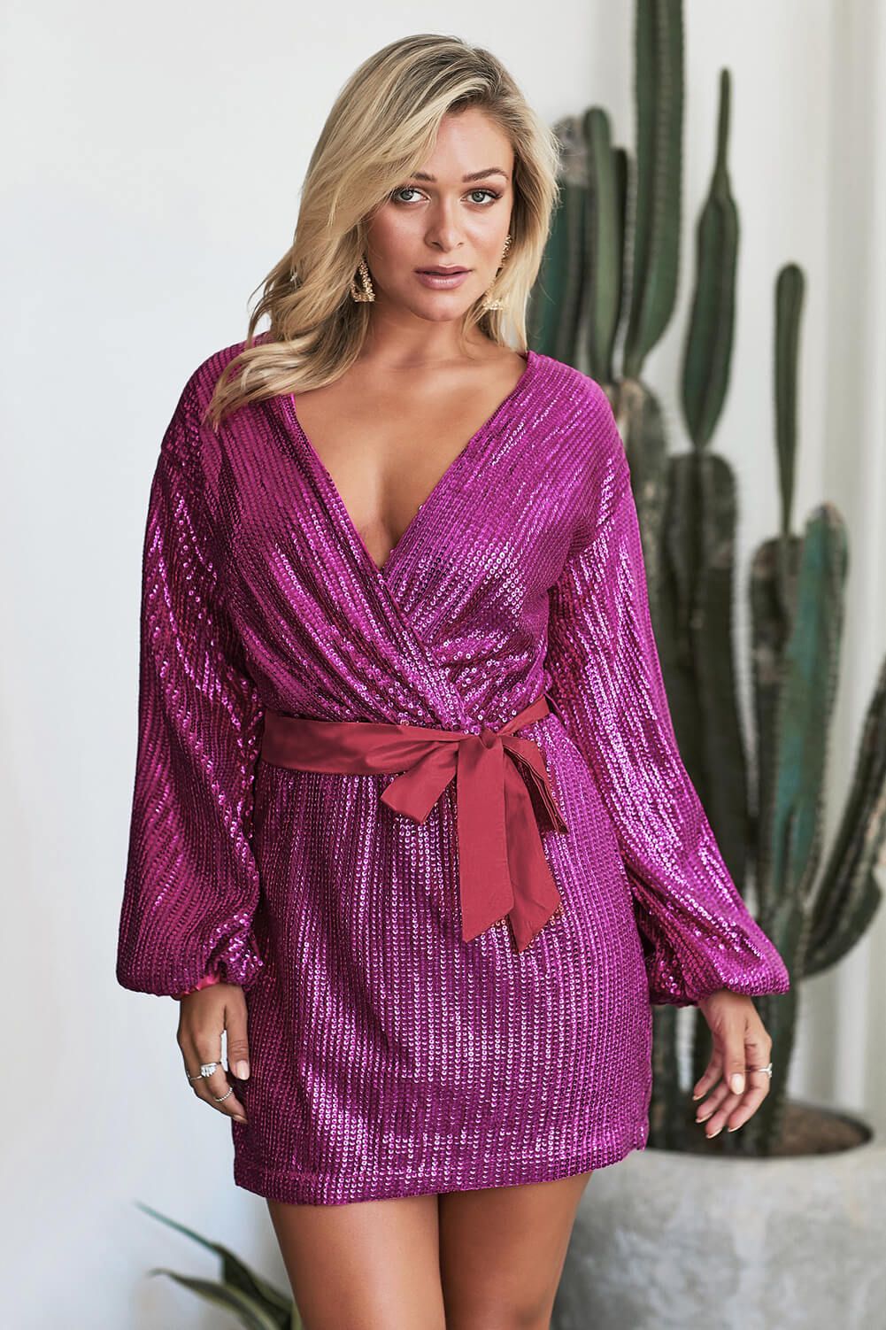 Red Sparkling Sequin Dotted Wrap Mini Dress