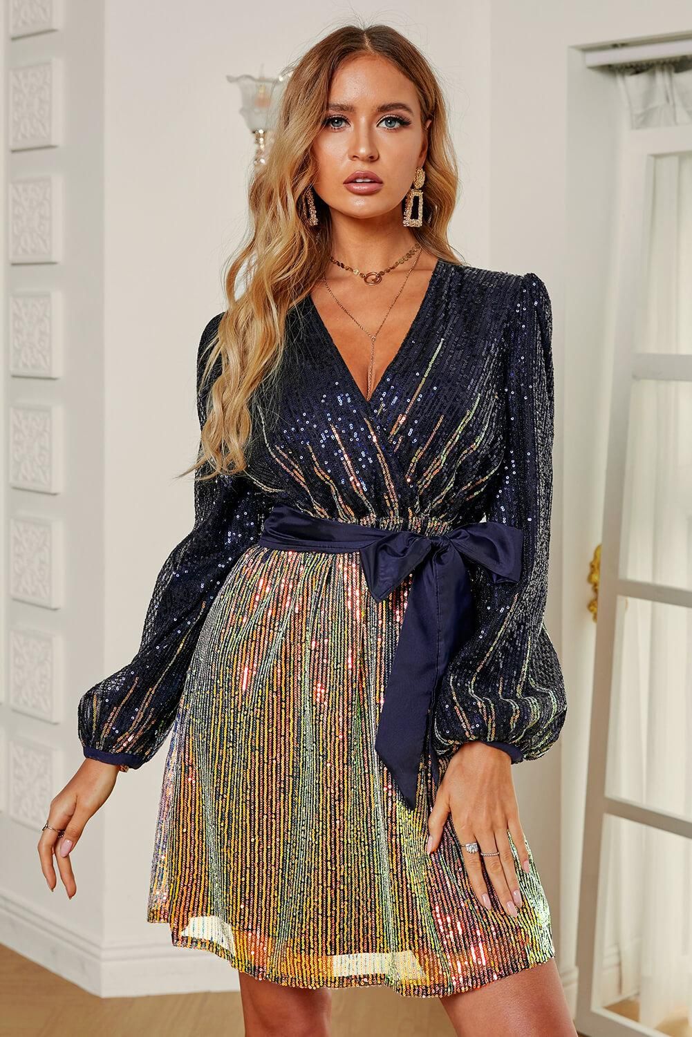 People Be Talking Sequin Long Sleeve Mini Dress