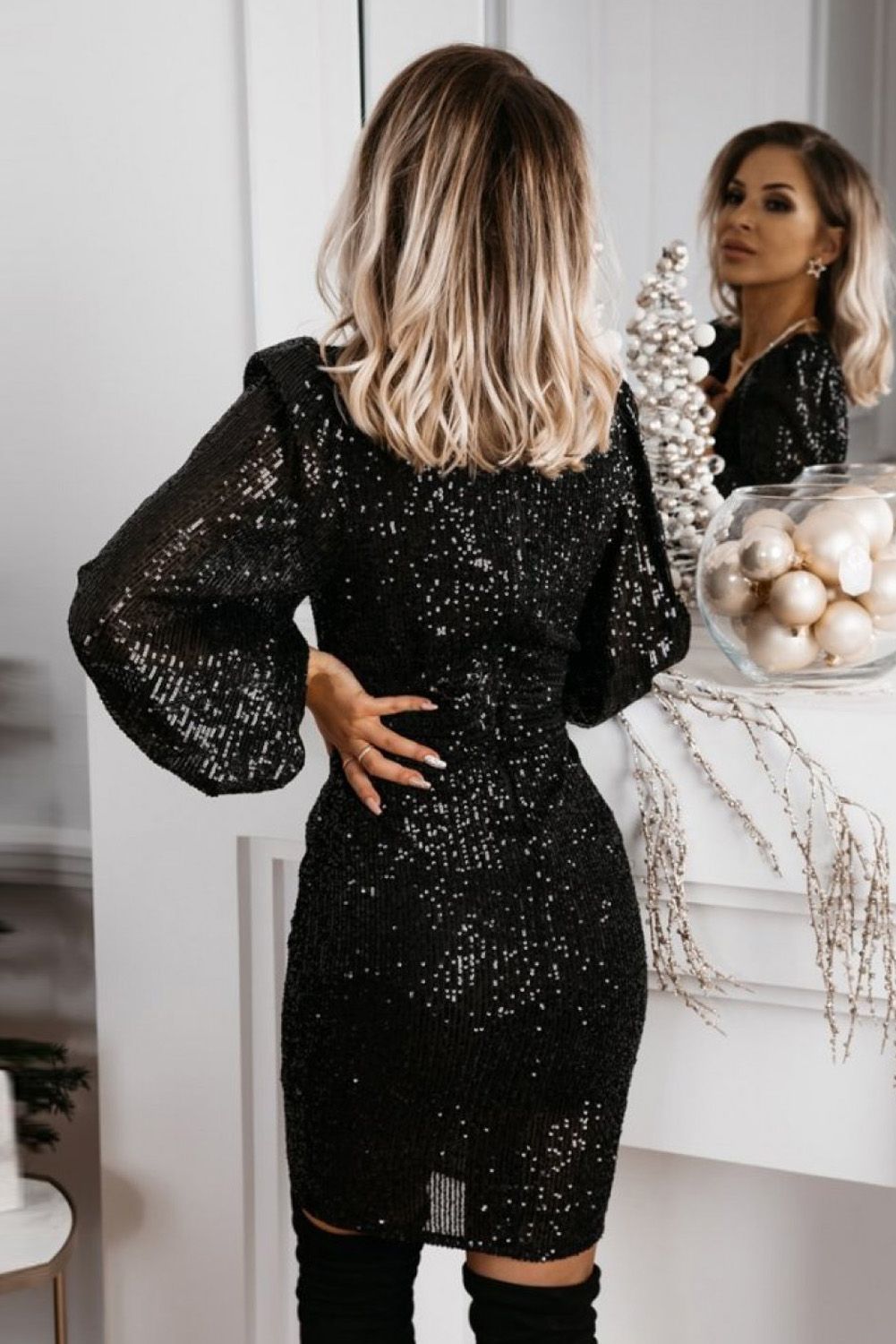 Black V Neck Balloon Sleeve Bodycon Glitter Sequin Dress