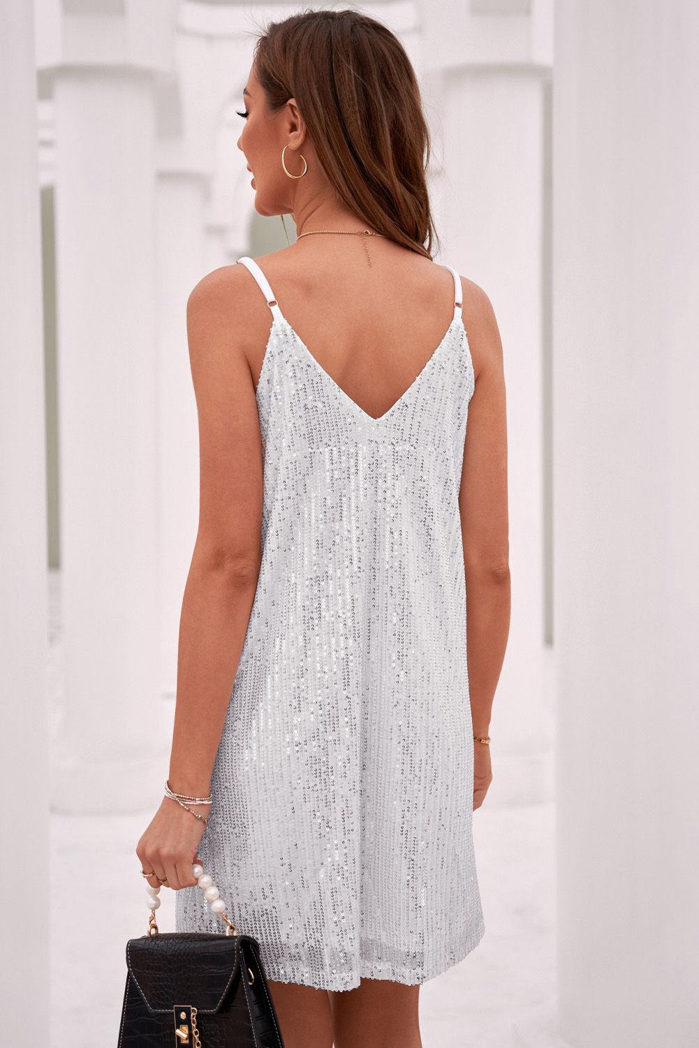 White Sequins Spaghetti Straps Mini Dress