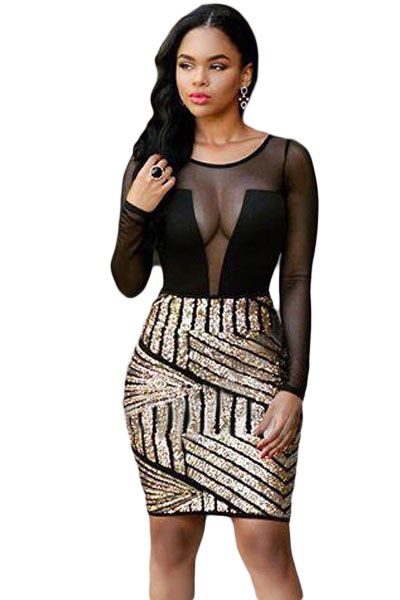 Long Sleeves Mesh Shadow Sequin Bottom Dress