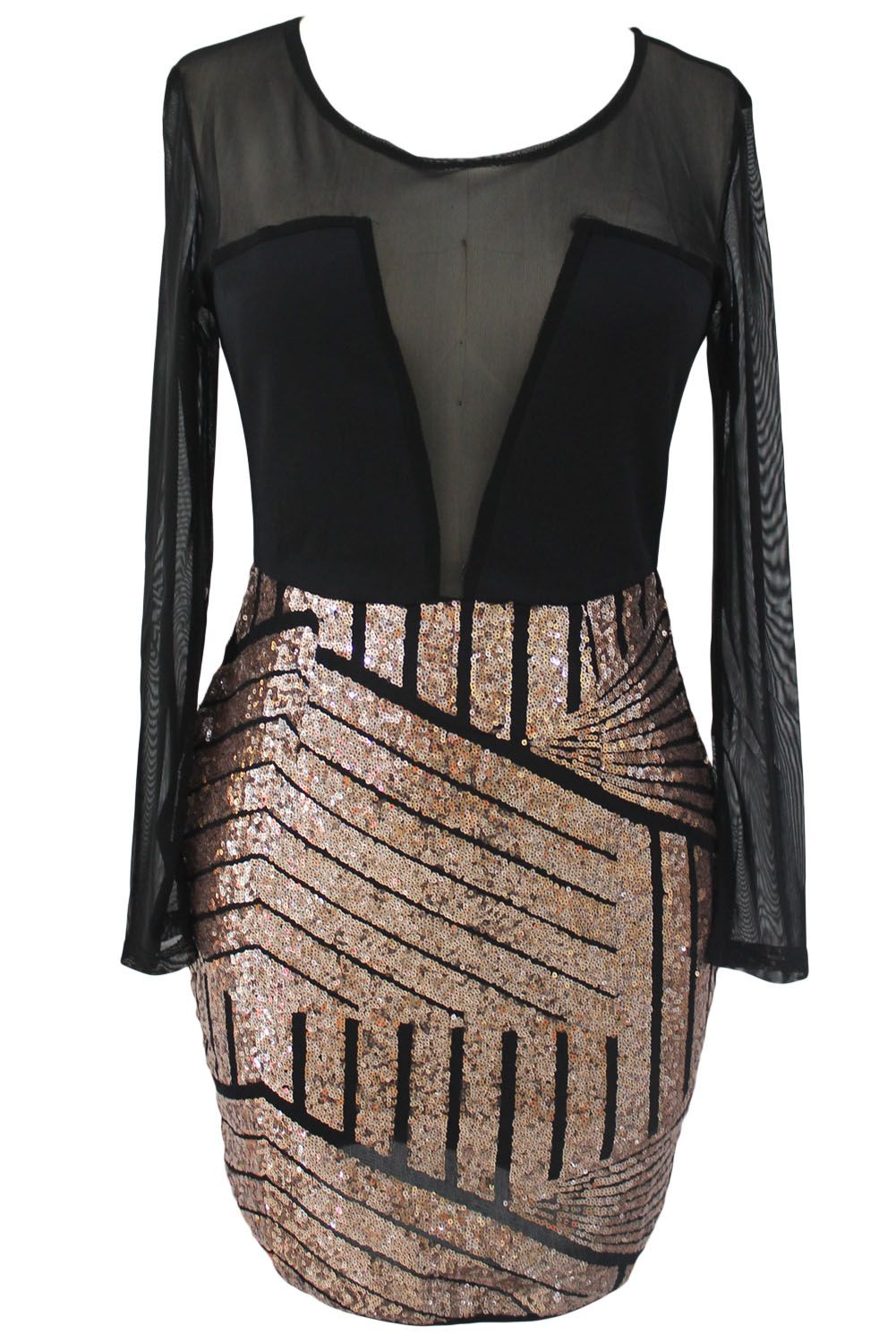 Long Sleeves Mesh Shadow Sequin Bottom Dress