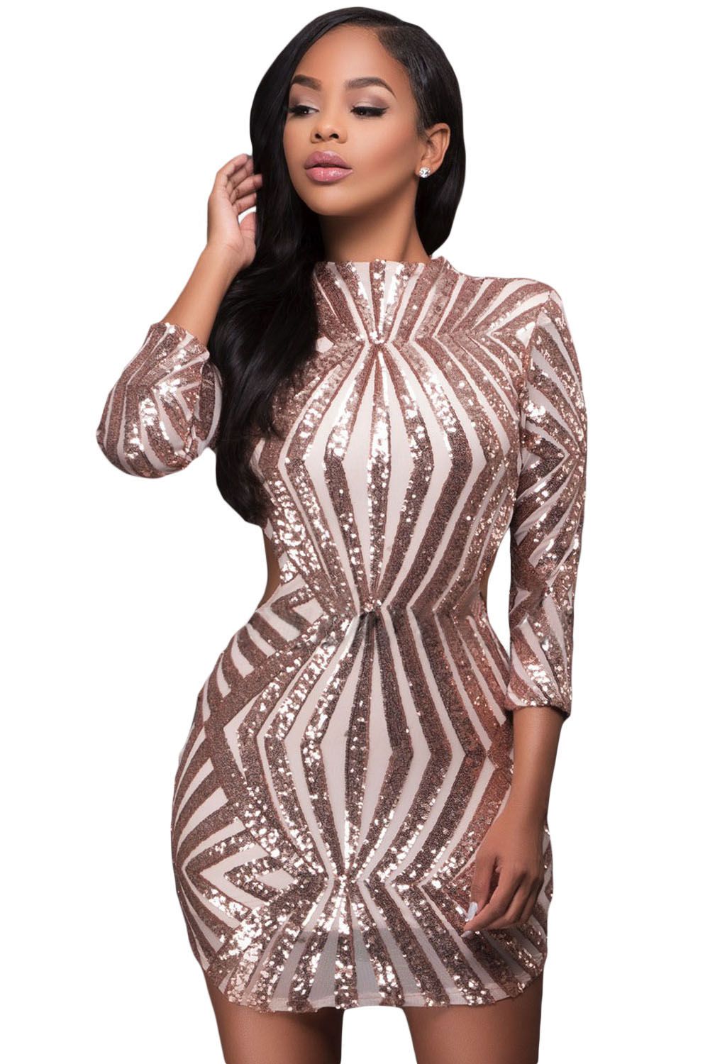 Champagne Sequin Detail Open Back Cocktail Mini Dress