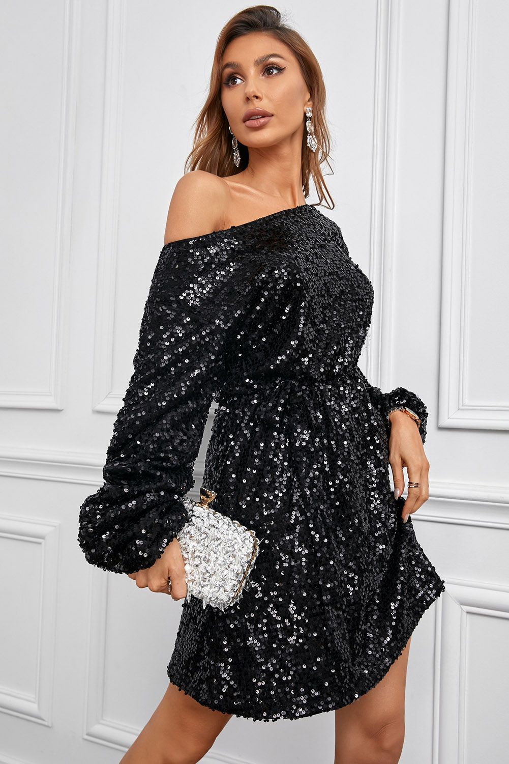 Black Long Sleeves Sequin Mini Dress