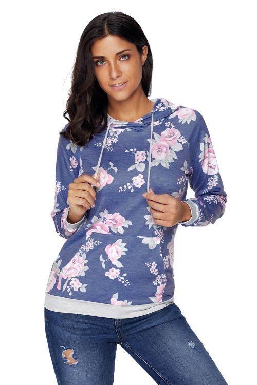 Navy Pink Floral Drawstring Hoodie
