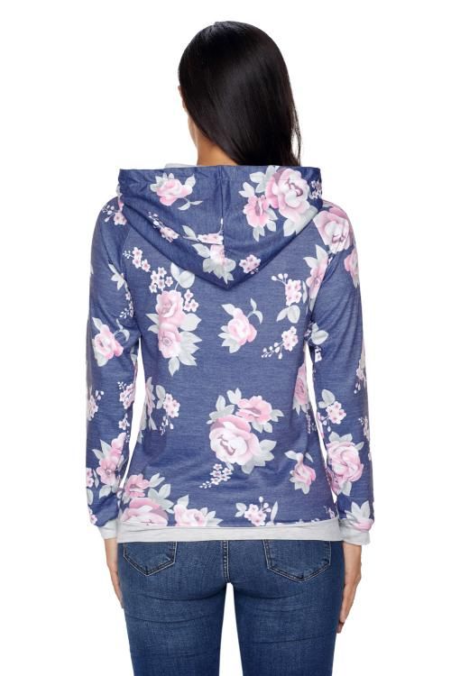 Navy Pink Floral Drawstring Hoodie