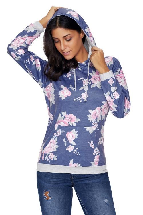 Navy Pink Floral Drawstring Hoodie