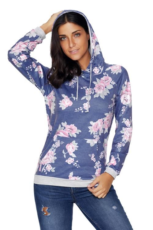 Navy Pink Floral Drawstring Hoodie
