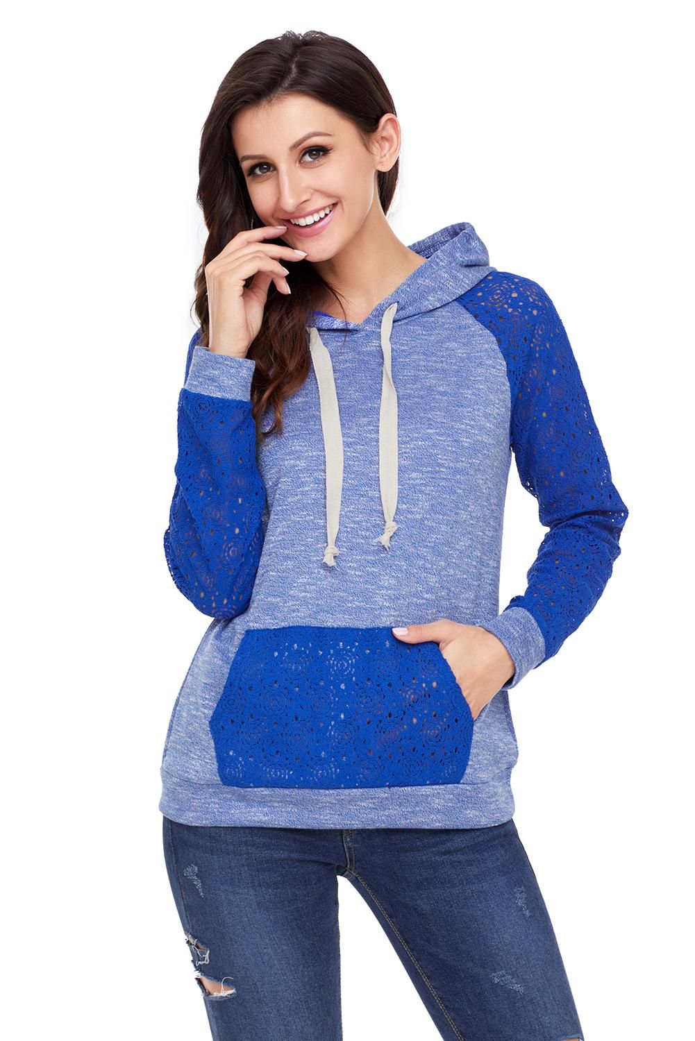 Royal Blue Lace Accent Kangaroo Pocket Hoodie