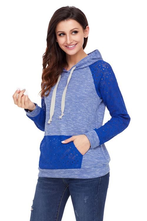 Royal Blue Lace Accent Kangaroo Pocket Hoodie