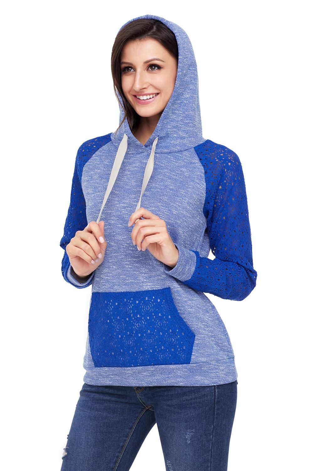 Royal Blue Lace Accent Kangaroo Pocket Hoodie