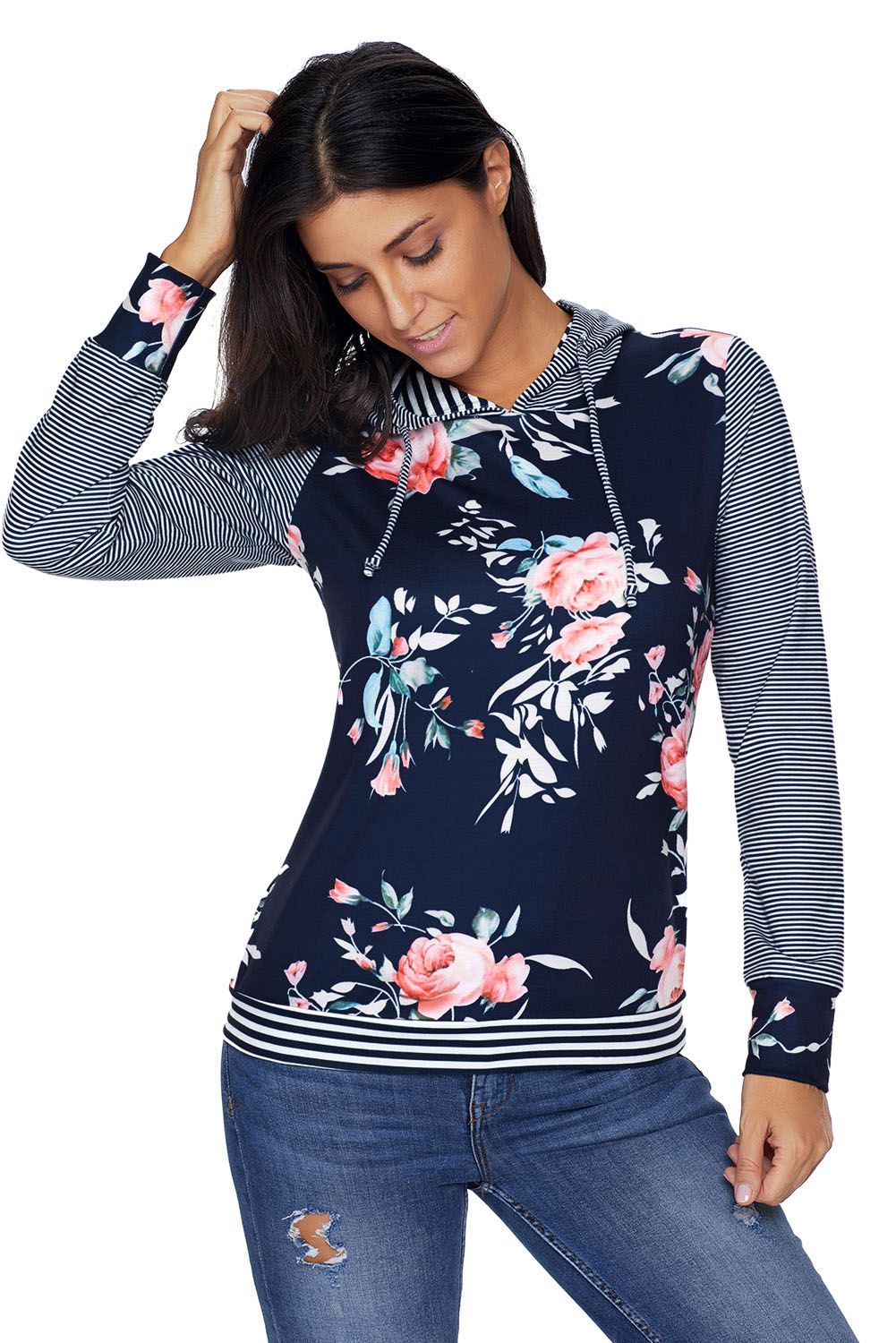 Dark Blue Pinstripe Accent Floral Print Drawstring Hoodie