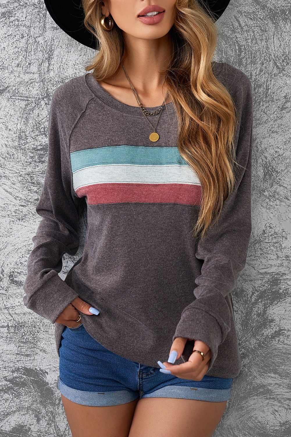 Dark Gray Contrast Stripes Pullover Sweatshirt