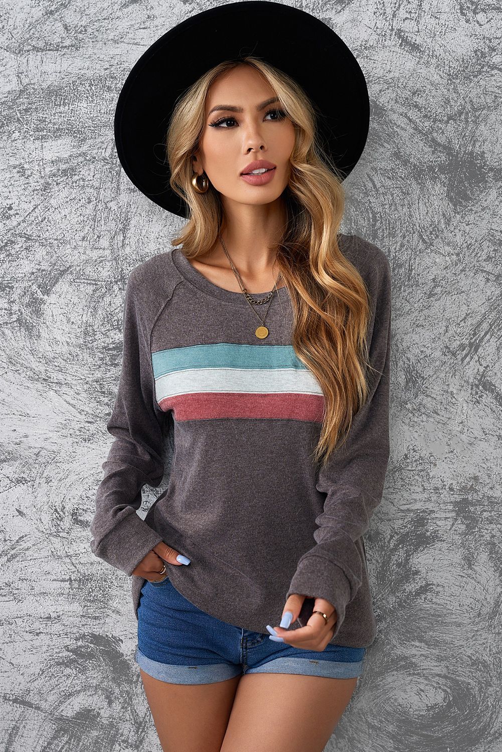 Dark Gray Contrast Stripes Pullover Sweatshirt