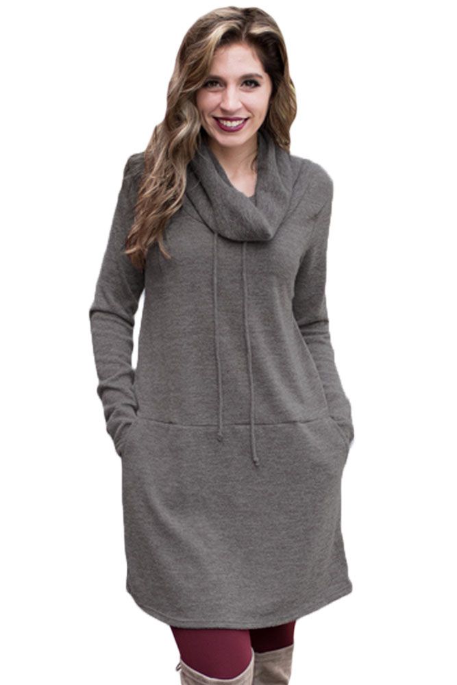 Grey Drawstring Cowl Neck Sweatshirt Dress