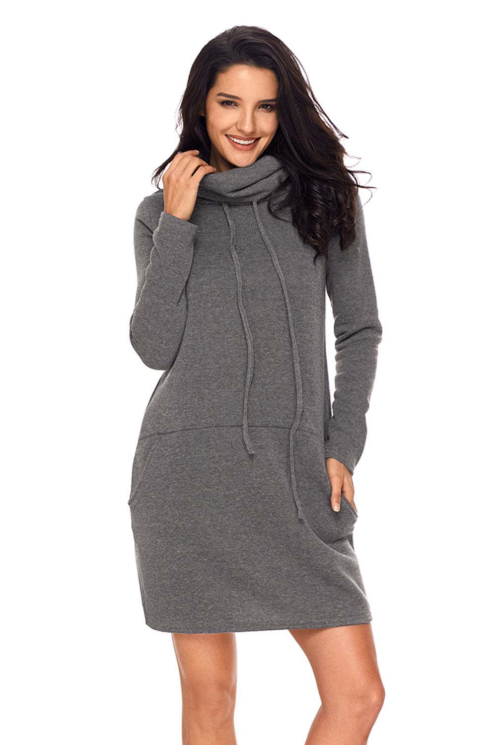 Grey Drawstring Cowl Neck Sweatshirt Dress