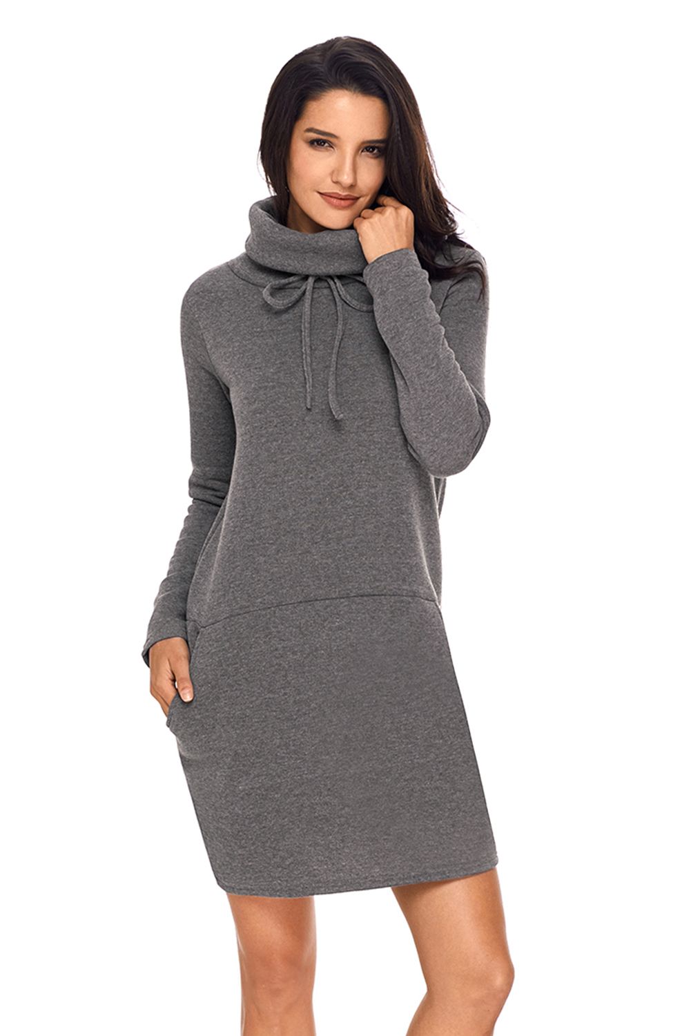Grey Drawstring Cowl Neck Sweatshirt Dress