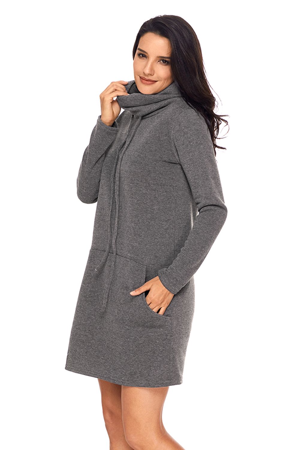 Grey Drawstring Cowl Neck Sweatshirt Dress