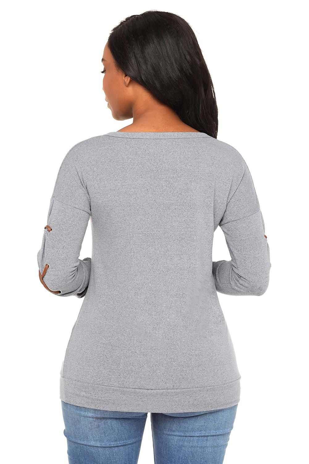 Gray Lace up Sleeve Front Pocket Womens Casual Sweatshirt