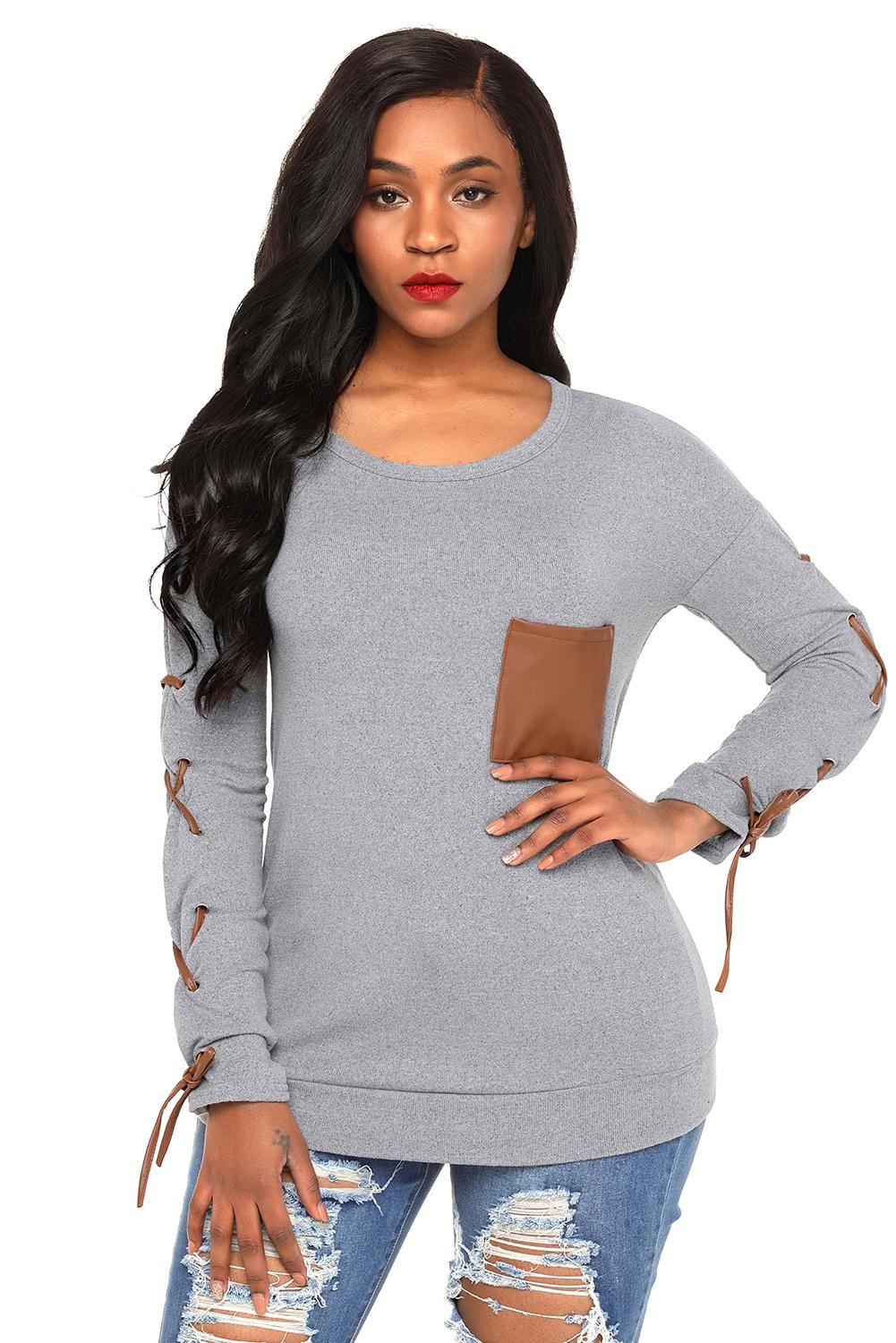 Gray Lace up Sleeve Front Pocket Womens Casual Sweatshirt
