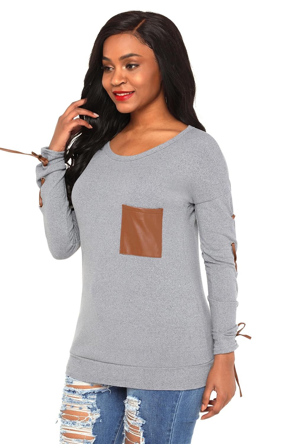 Gray Lace up Sleeve Front Pocket Womens Casual Sweatshirt