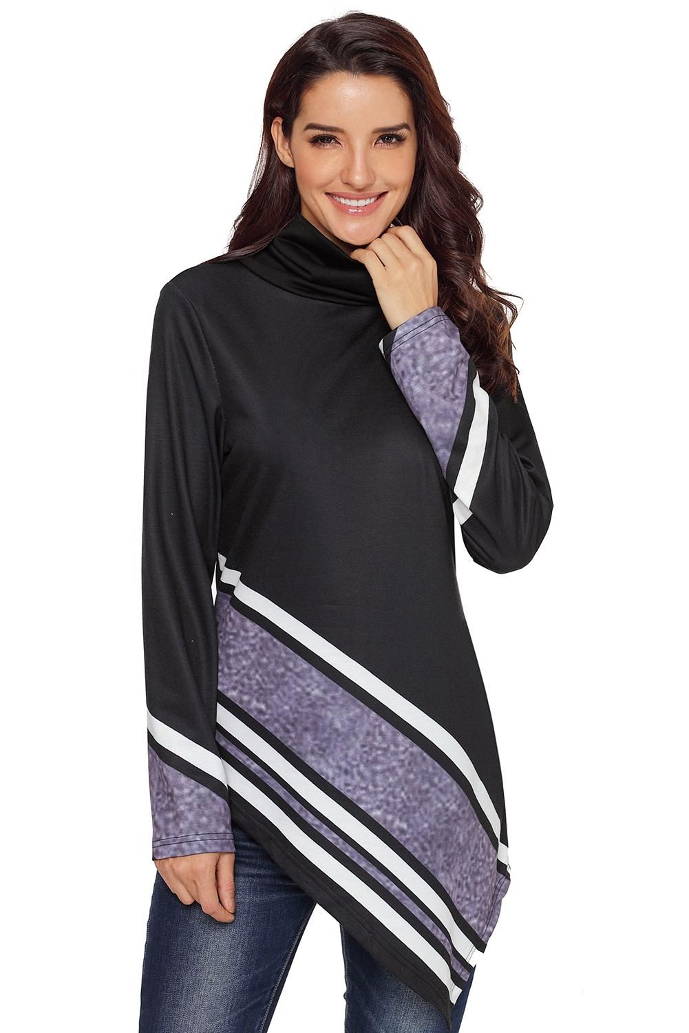 Black Asymmetric Hemline Printed Cowl Neck Sweatshirt