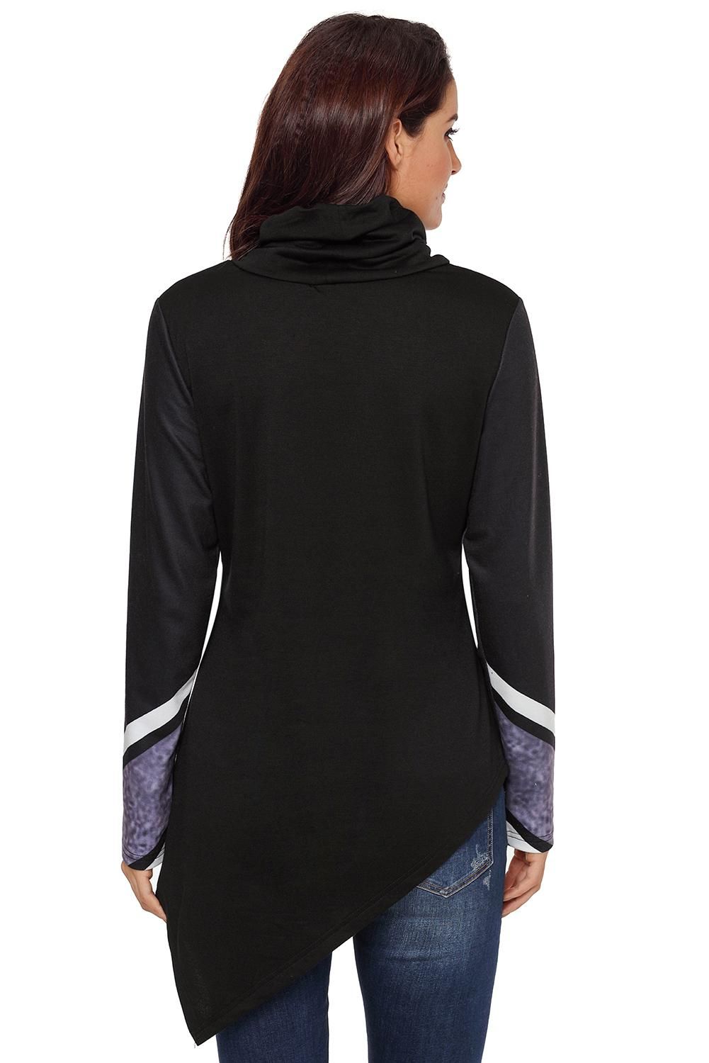 Black Asymmetric Hemline Printed Cowl Neck Sweatshirt