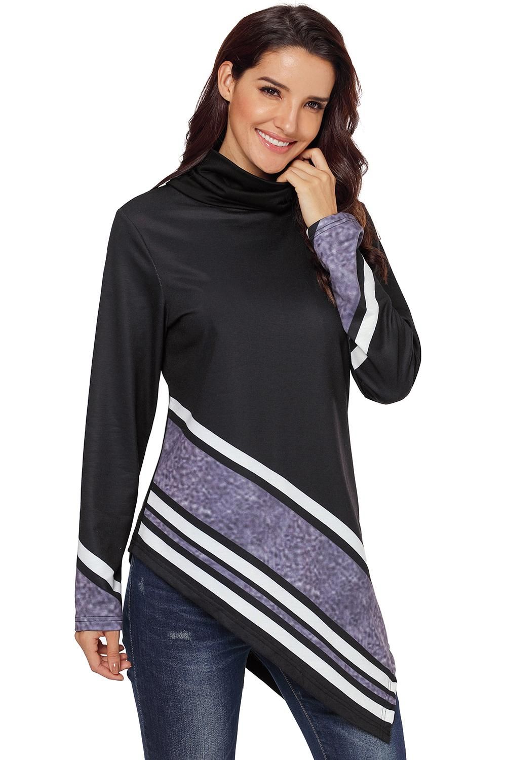 Black Asymmetric Hemline Printed Cowl Neck Sweatshirt