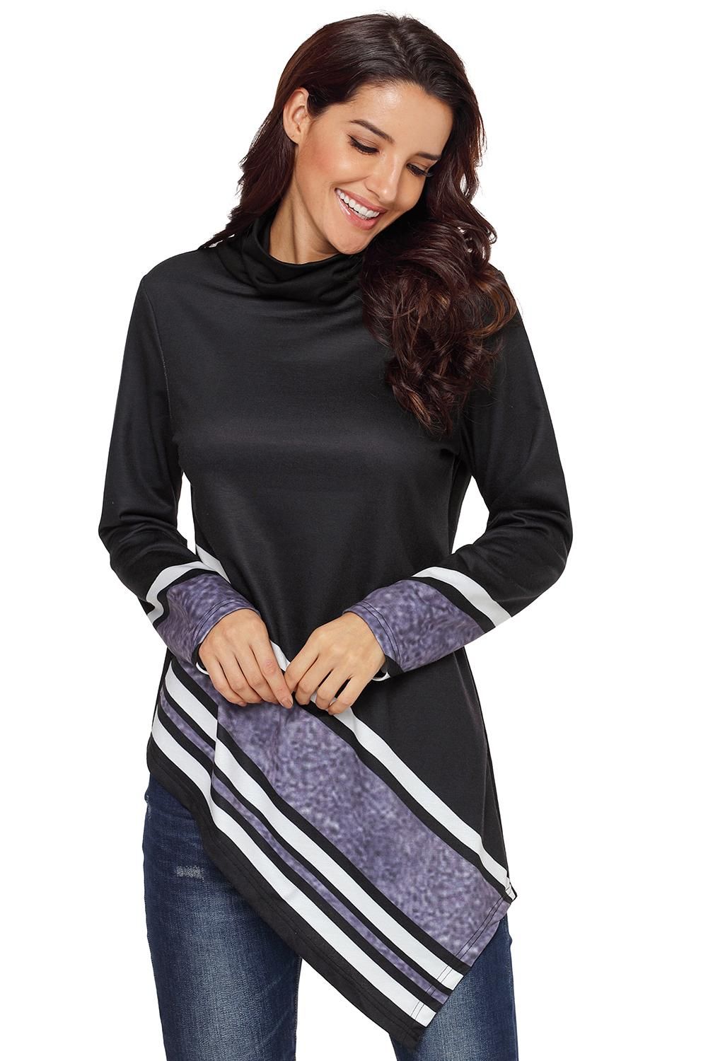 Black Asymmetric Hemline Printed Cowl Neck Sweatshirt