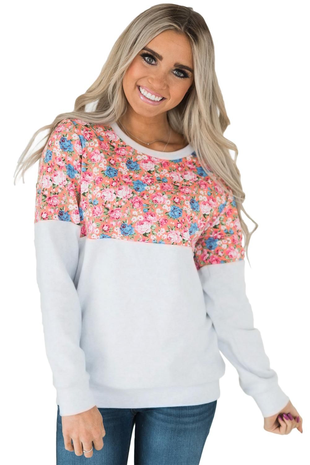 Floral Patchwork White Long Sleeve Sweatshirt