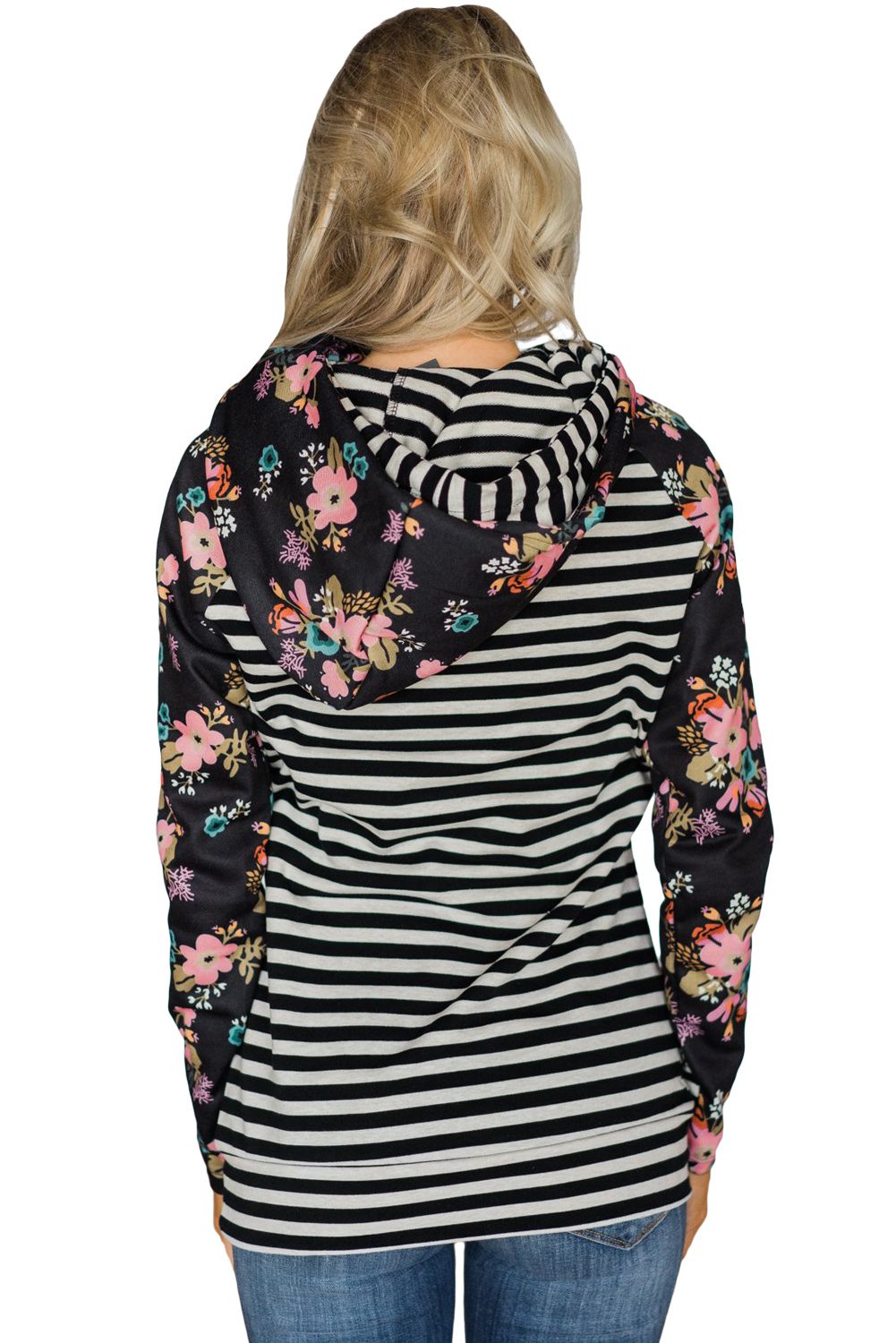 Floral Splice Black Striped Drawstring Hoodie