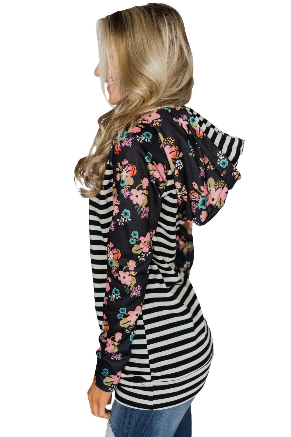 Floral Splice Black Striped Drawstring Hoodie