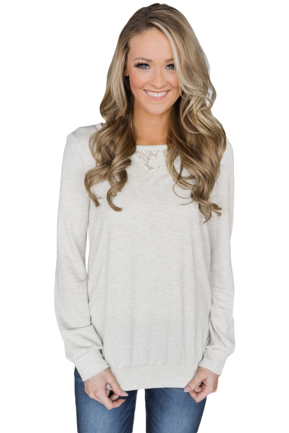 Lace Cutout Insert Light Grey Pullover Sweatshirt