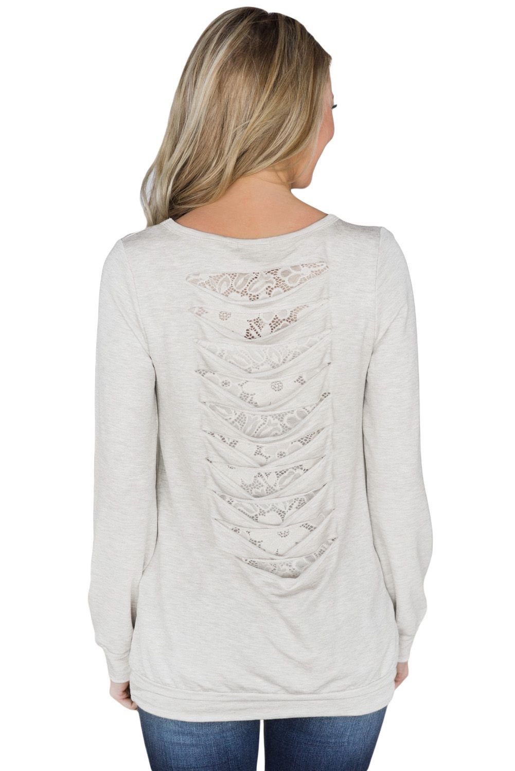 Lace Cutout Insert Light Grey Pullover Sweatshirt