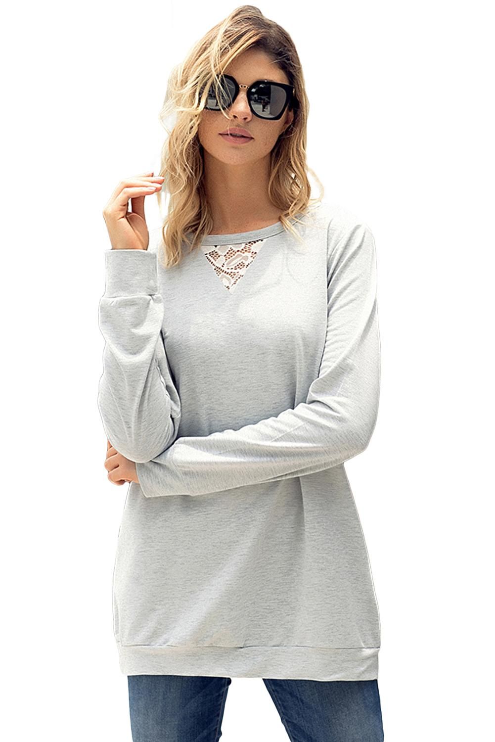 Lace Cutout Insert Light Grey Pullover Sweatshirt