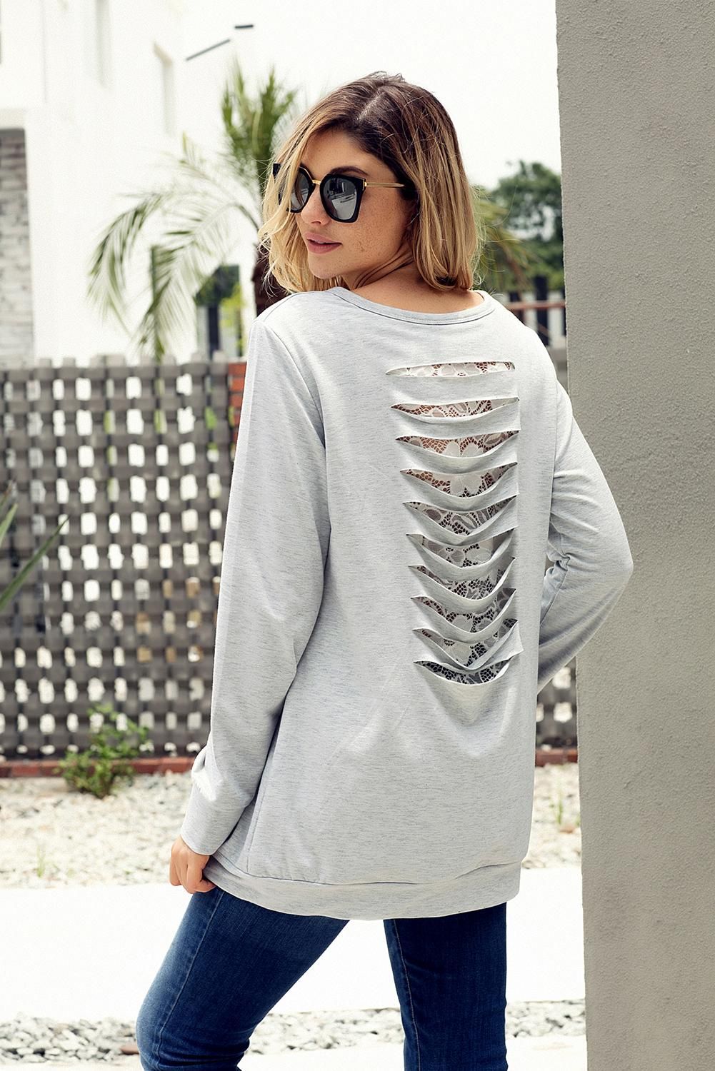 Lace Cutout Insert Light Grey Pullover Sweatshirt