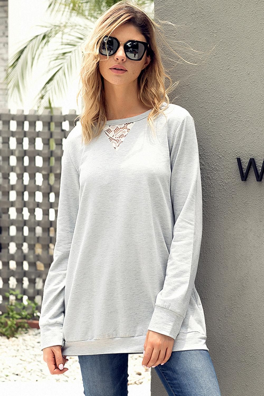 Lace Cutout Insert Light Grey Pullover Sweatshirt