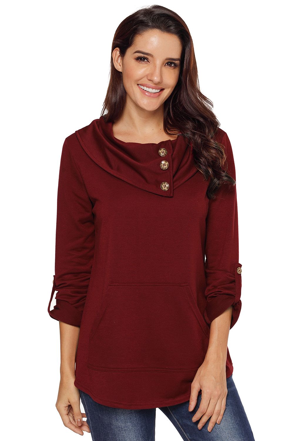 Burgundy Cowl Neck Kangaroo Pocket Pullover Top