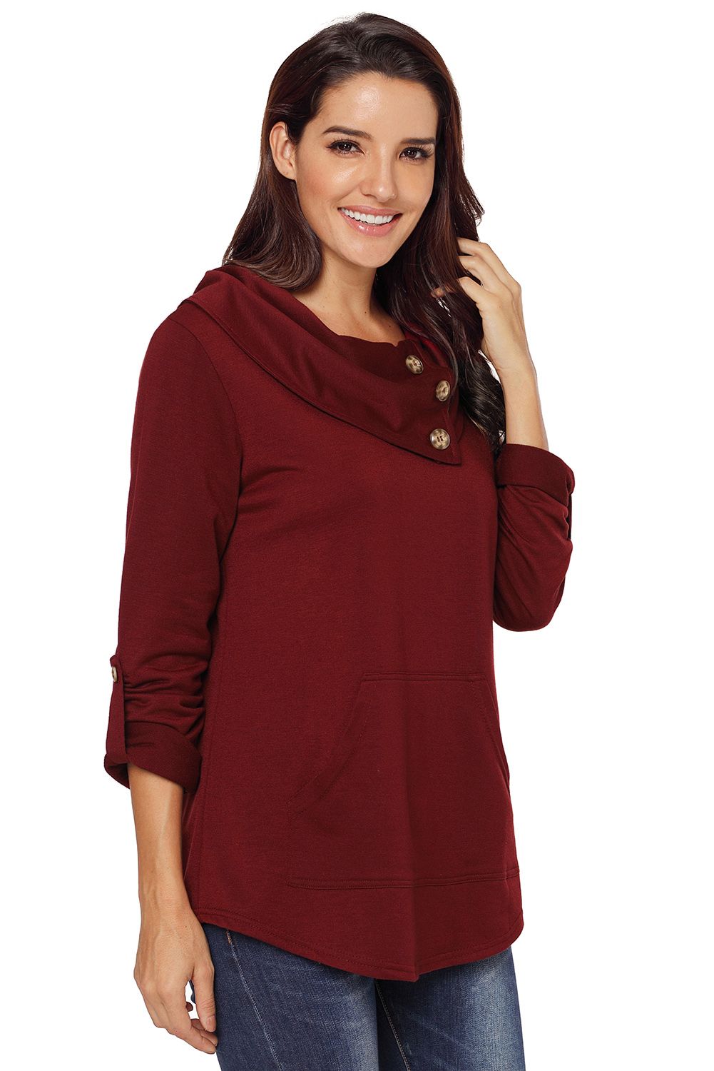 Burgundy Cowl Neck Kangaroo Pocket Pullover Top