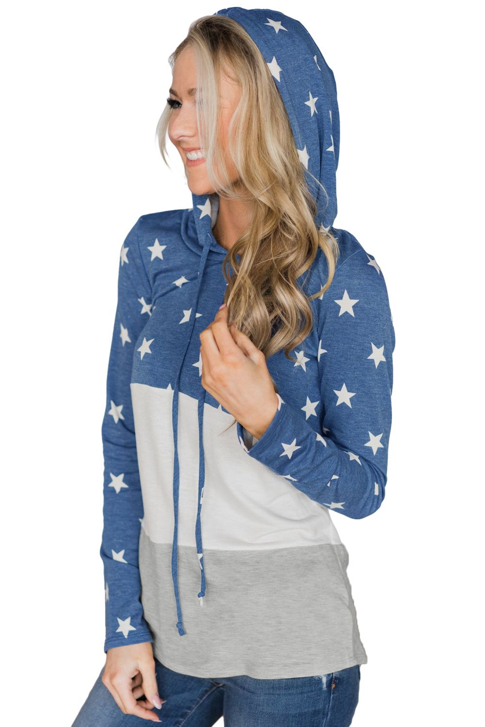 Navy Starry Splice Colorblock Drawstring Hoodie