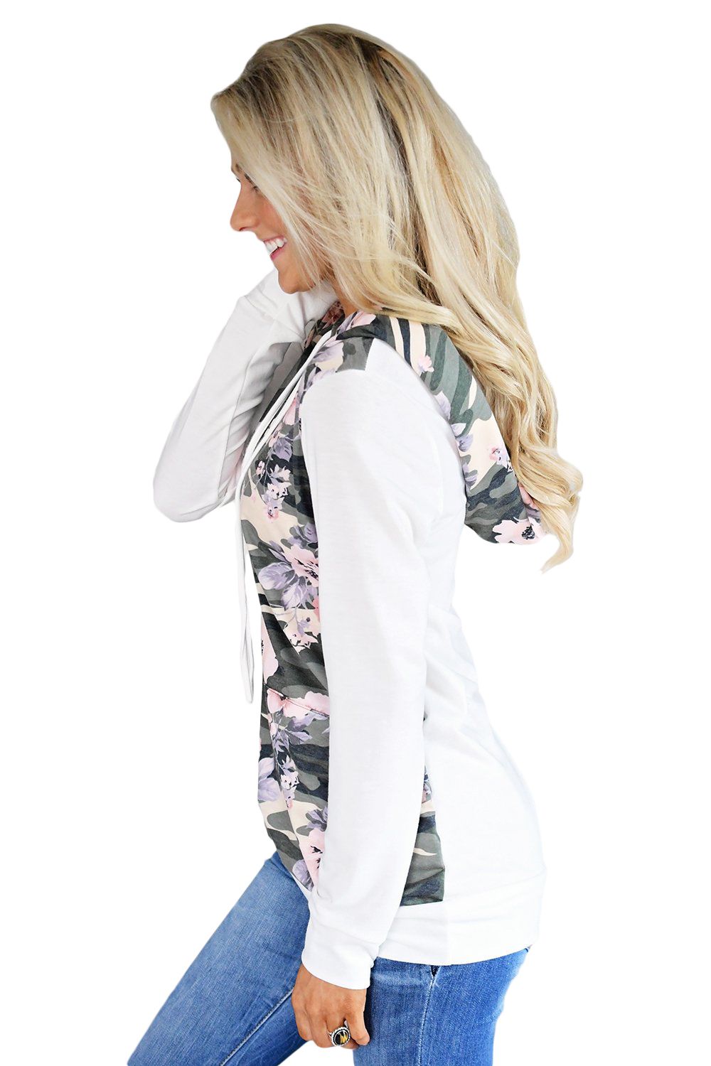White Kangaroo Pocket Floral Hoodie