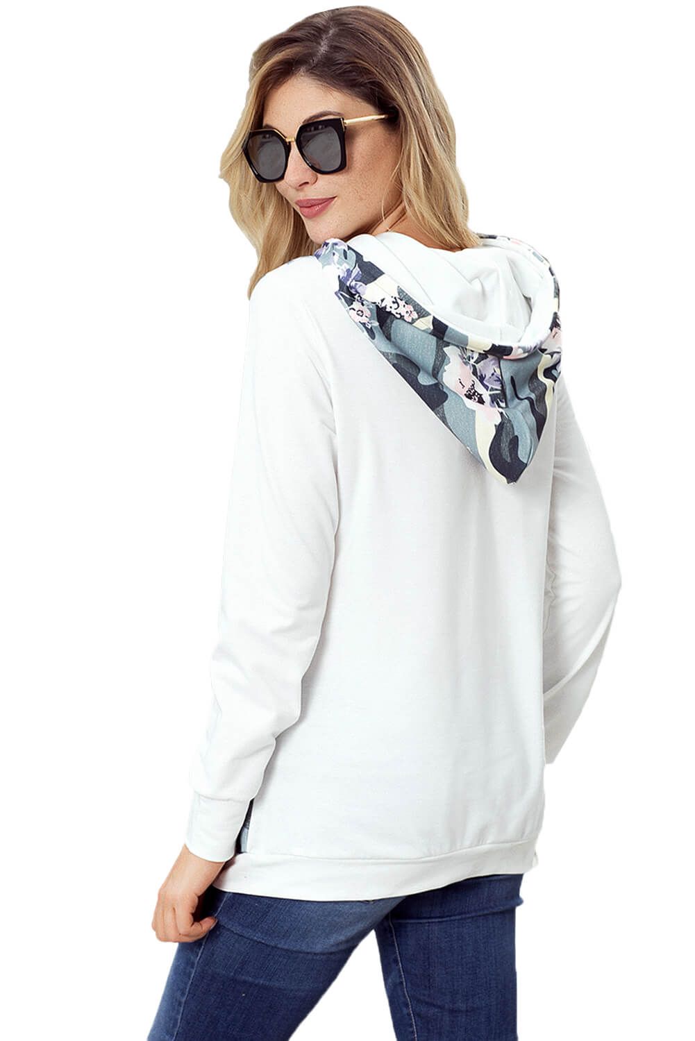 White Kangaroo Pocket Floral Hoodie